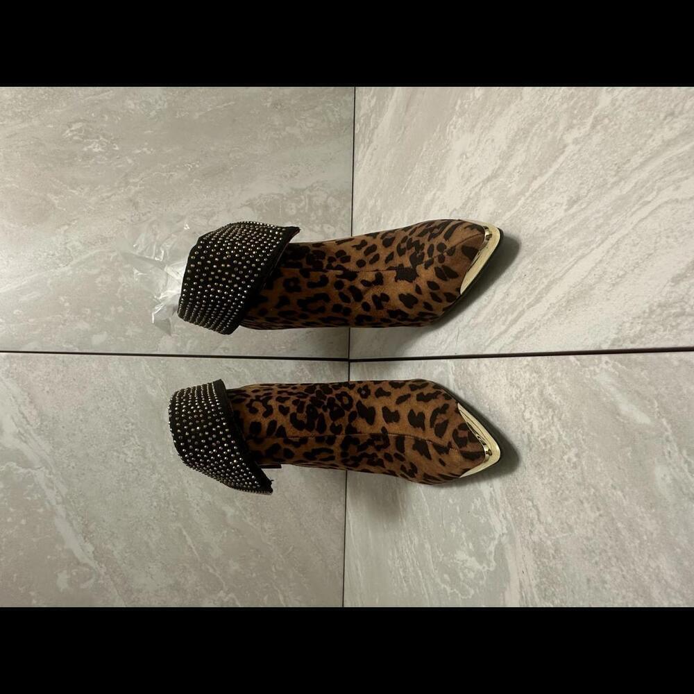Leopard Print Ankle Boots with Studded Cuff